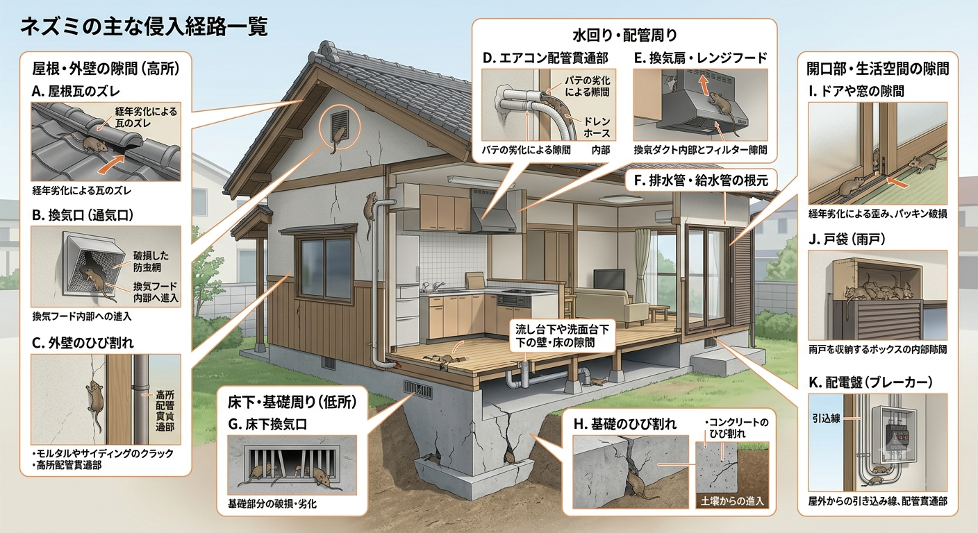 ネズミの主な侵入経路のイラスト（屋根・配管・床下・開口部など）